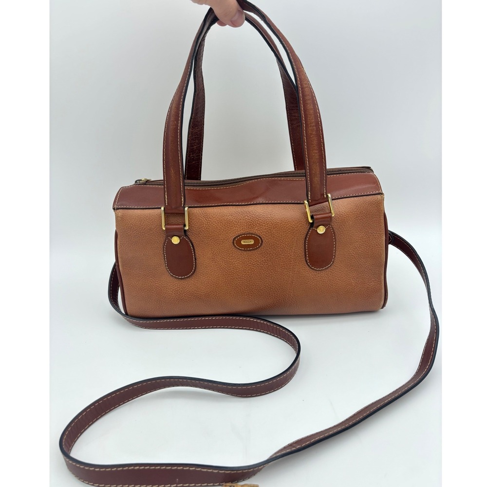 VINTAGE BALLY Brown Leather Handbag Doctor Bag Satchel Cognac Pebbled Italy RARE